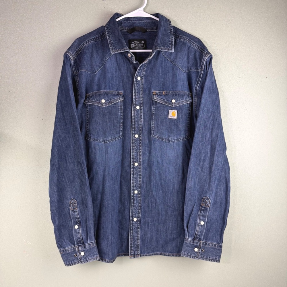 Carhartt Mens Relaxed Fit Denim Western Snap Shirt Blue XL TW6429-M